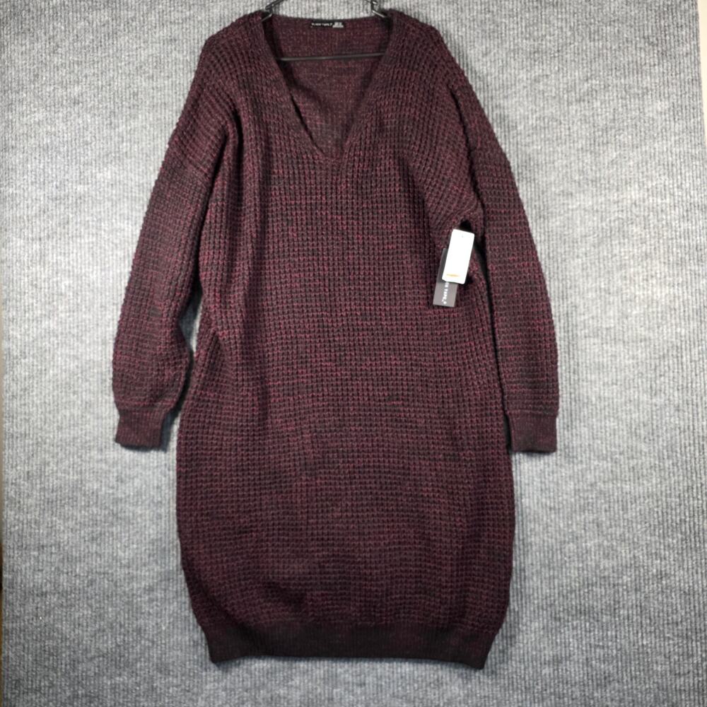 Black Tape 3X Waffle Knit Sweater Dress‎ Burgundy V Neck NWT Cozy